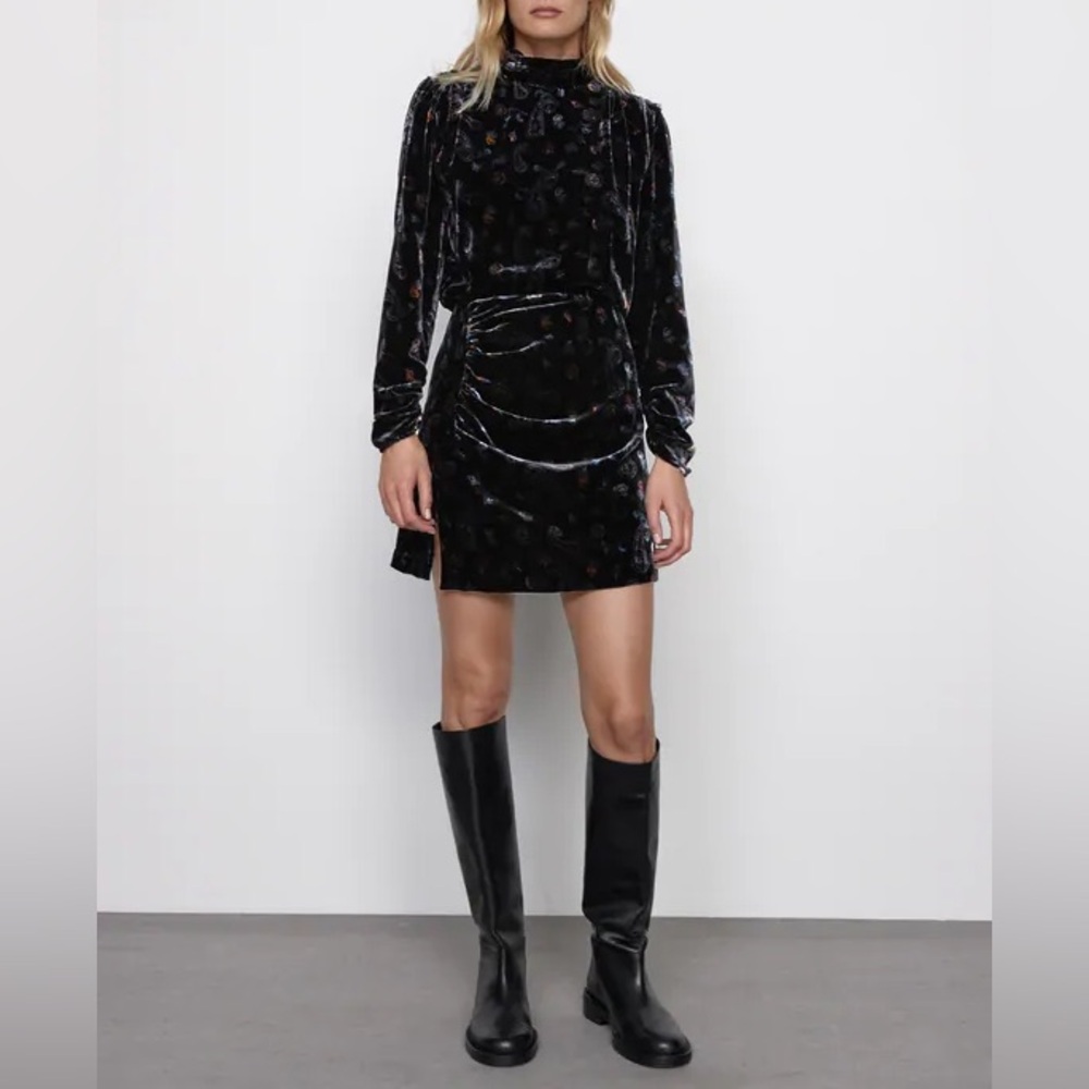 Zara Black Velvet Burnout Print Paisley Elegant longsleeve mini Dress mock neck